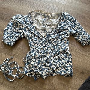 Reformation Blue Flower Wrap Top